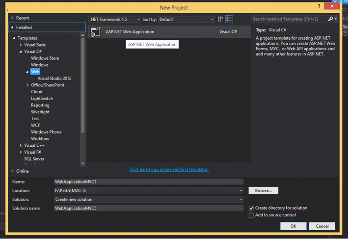 mvc 5 new project window
