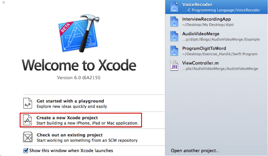 xcode main screen